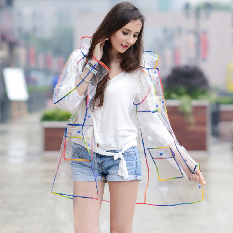 Colorful Rainbow Edge Transpar - Camping Rain Poncho 评论和价格